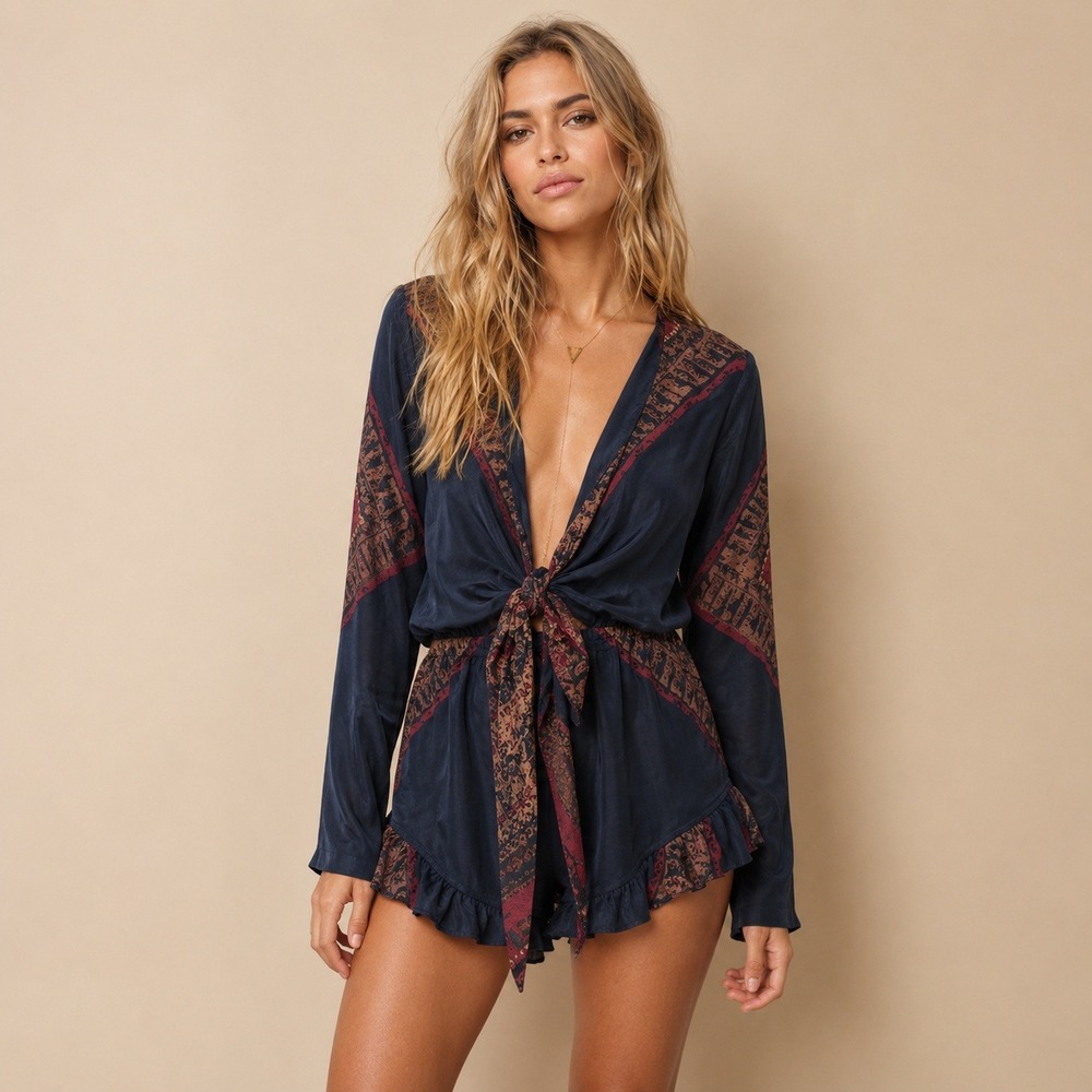 Stone Cold Fox Silk Tie Front Romper XS / S NWT Navy